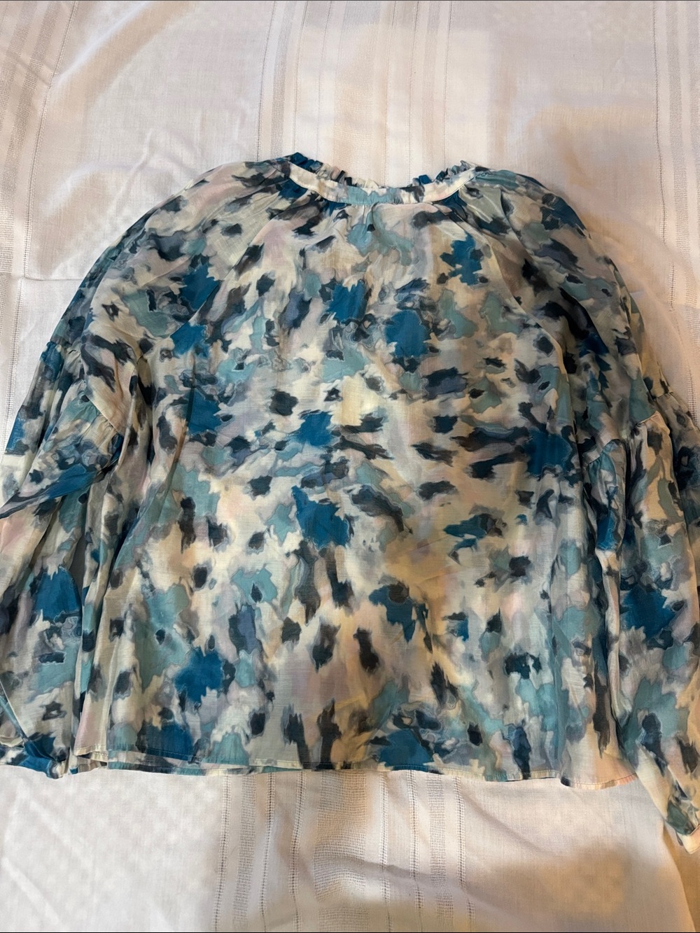 LOFT Teal and Blue Abstract Watercolor Button-Front Blouse - Picture 4 of 5